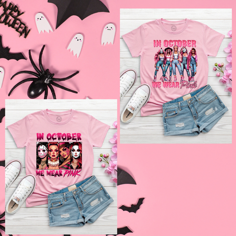In October We Wear Pink Horror Breast Cancer Awareness Shirt or Hoodie