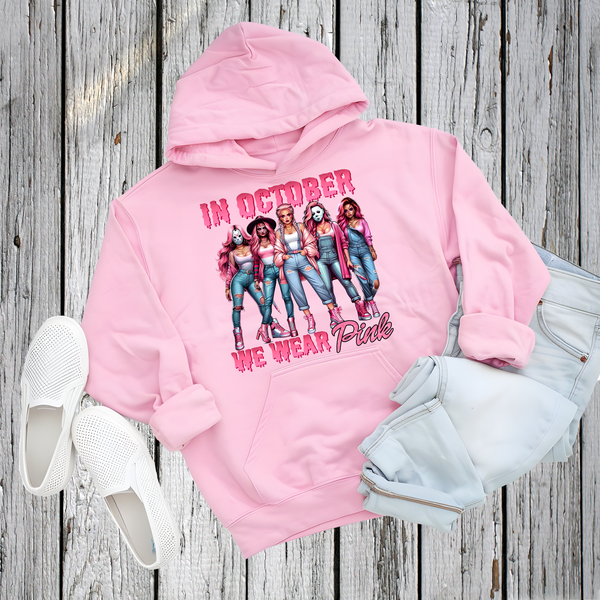 In October We Wear Pink Horror Breast Cancer Awareness Shirt or Hoodie