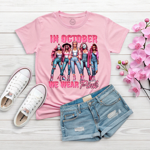 In October We Wear Pink Horror Breast Cancer Awareness Shirt or Hoodie